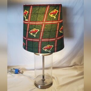 Minnesota Wild Green Plaid Table Lamp  Logo Fabric Shade Chrome Glass Base NHL